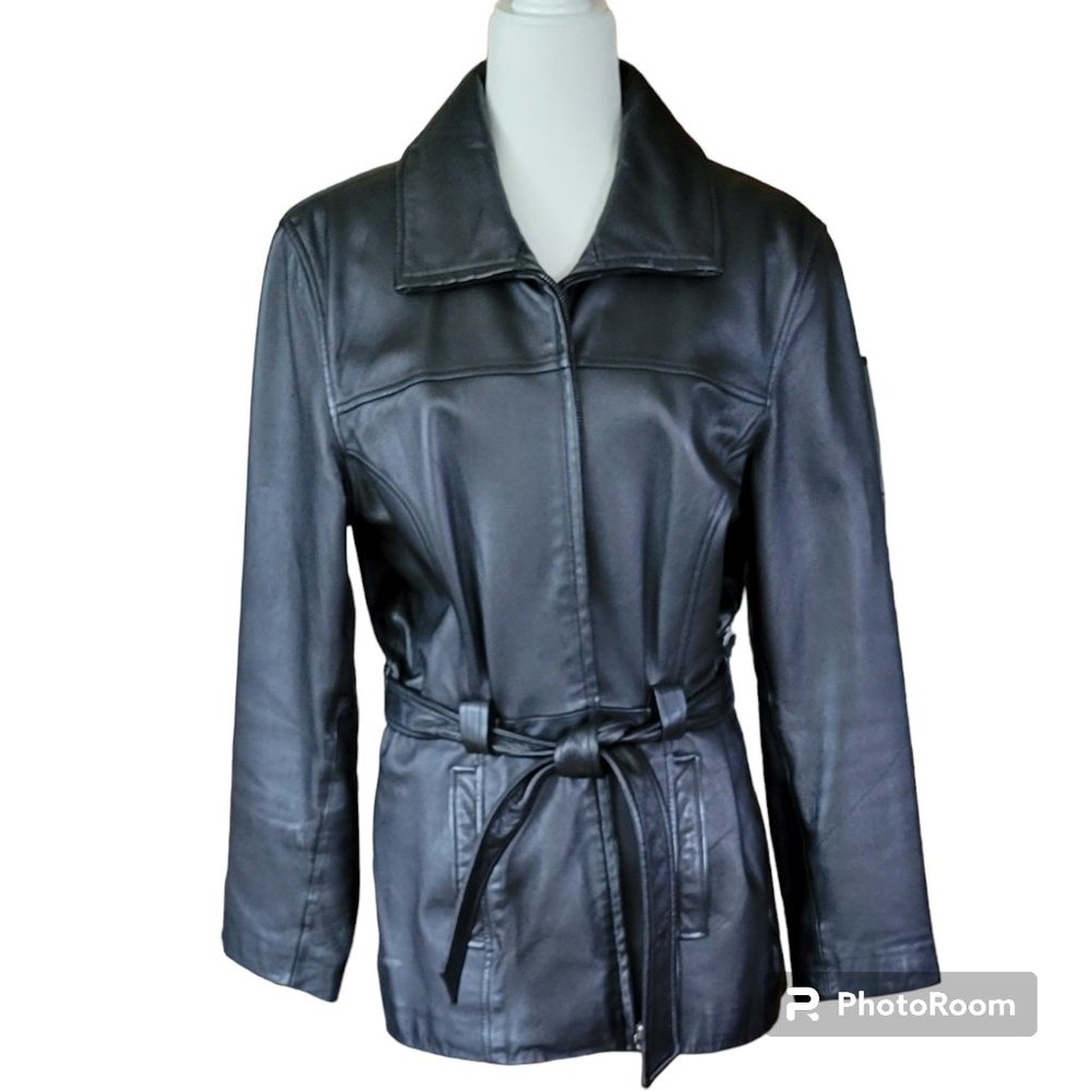 JLC New York Vintage Genuine Leather Belted Car Coat Jacket Y2K Matrix Flawed
